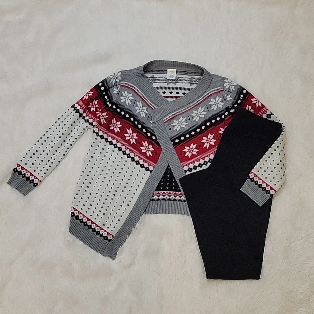 Gymboree Red, Black Fair Isle Open Sweater, Black Ponte Pants Set Girls 7-8